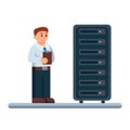 Vector flat illustration of network engineer administrator checking hardware equipment of data center.