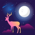 Vector flat Illustration on night colors gradient backgroud with constellation of stars, moon, comets and asteroids and clouds and