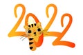 Vector flat illustration of number 2022 with tiger cub. From the middle of the numbers protrudes the head of a tiger cub