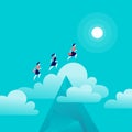 Vector flat illustration with office & business ladies jumping above mountain peak on blue sky with isolated cloud.