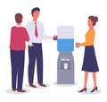 Office workers standing near water dispenser or water cooler, holding paper cups with drinks, talk