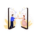 Vector flat illustration of online dating industry. Happy man and woman, clink glasses of wine or champagne, having