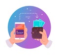 Vector flat illustration for online payments and transaction with human hand holding smartphone with credit card on its screen and Royalty Free Stock Photo