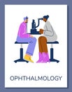 Vector flat illustration of optometry, ophthalmology diagnostics, ophthalmologist checking eyesight of his patient Royalty Free Stock Photo