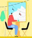 Vector flat illustration pensive man looking out window from cafe in ski resort, mountain view, funicular