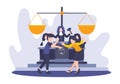 Vector flat illustration of people conflict during the judge. Metaphor of divorce in court. Law and legal settlement idea concept Royalty Free Stock Photo