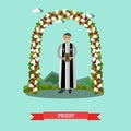 Vector flat illustration of priest under wedding arch