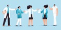 Vector flat illustration of professional medic team with pointing gestures. Cartoon doctor characters set - man, woman Royalty Free Stock Photo