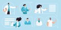 Vector flat illustration of professional medic team with pointing gestures in speech bubbles. Cartoon doctor characters Royalty Free Stock Photo