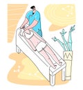 Vector flat illustration reception of osteopath in office. Image shows process manual treatment patient