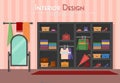 Vector flat illustration of room, with wardrobe, mirror with towels, shelf on the floor, parket with carpet rug. Shoes