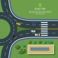 Vector flat illustration of roundabout road junction and city transport. City road, cars, crosswalk top view.