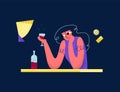 Vector flat illustration sad young woman drinking wine in bar. Royalty Free Stock Photo