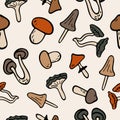 Vector flat illustration seamless pattern mushrooms icons. Doodle objects are cut out Royalty Free Stock Photo