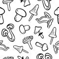 Vector flat illustration seamless pattern mushrooms icons. Doodle objects are cut out Royalty Free Stock Photo