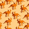 Vector flat illustration with silhouette kangaroo and baby kangaroo on fiery background. Seamless pattern on orange