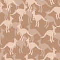 Vector flat illustration with silhouette kangaroo and baby kangaroo. Seamless pattern on color background. Design for