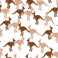 Vector flat illustration with silhouette kangaroo and baby kangaroo. Seamless pattern on white background. Design for