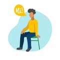 Vector flat illustration of sitting boy with speech bubbles in minimalist style. Man speaking Hi. Used for users app.