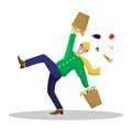 Vector flat illustration with a slipped man with shopping