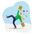 Vector flat illustration with a slipped man with shopping on ice