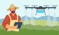 Vector flat illustration of smart farming using digital technologies and drones to automate irrigation of agriculture