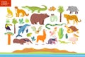 Vector flat illustration of South America animals, landscape, plants: crocodile, bear, anaconda, anteater, monkey, toucan palm tre