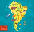 Vector flat illustration of South America continent, animals & plants: crocodile, bear, anaconda, anteater, monkey, toucan, fir tr