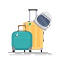 Vector flat illustration of space tourists suitcase with an astronauts helmet and bag . Space family tourism.