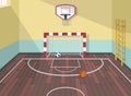 Vector flat illustration of sport room in institute, college, university, school. Basketball, football and soccer balls