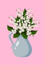 Vector flat illustration with spring flowers, bouquet of white cute lilies of the valley in vase on a pink Royalty Free Stock Photo