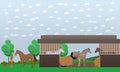 Vector flat illustration of stable and people grooming horses Royalty Free Stock Photo