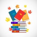 Vector flat illustration of stack of books with autumn leaves. Royalty Free Stock Photo
