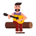 Vector flat illustration, style cartoon. A man sits on a log and plays the guitar, sings a song. Nature and picnic Royalty Free Stock Photo