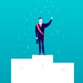 Vector flat illustration with successful businessman standing on white podium with money signs falling down isolated on blue backg Royalty Free Stock Photo