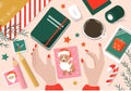 Vector flat illustration on the theme of preparation for christmas, gift wrapping and postcards Royalty Free Stock Photo