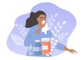 Flat illustration on the theme of seasonal allergies, a young girl blows her nose into a paper handkerchief