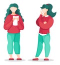 Vector illustration of two standing young women, two females discussion, women vector image for web