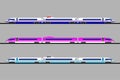 A set of high-speed trains of different colors on a grey background. Vector flat design.