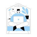Vector flat illustration of tiny compact house, boy with laptop on sofa, plant, parrot in interior isolated on white background.