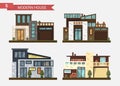 Vector flat illustration traditional and modern house. Family home. Office building. Private pavement, backyard with Royalty Free Stock Photo