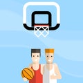 Two cheerful basketball player in the gym.