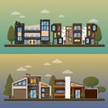 Vector flat illustration of two family house and sweet home banners outdoor street, private pavement, backyard with