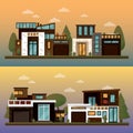 Vector flat illustration of two family house and sweet home banners outdoor street, private pavement, backyard with Royalty Free Stock Photo