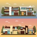 Vector flat illustration of two family house and sweet home banners outdoor street, private pavement, backyard with Royalty Free Stock Photo