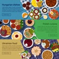 Vector flat illustration of ukrainian, hungarian, polish national dishes. Royalty Free Stock Photo