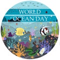 Vector flat illustration of the underwater world. Postcard-poster for the world ocean day on June 8. Protection of