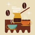 Flat illustration in vintage retro style. cezve with coffee, two steaming cups of coffee, coffee beans Royalty Free Stock Photo