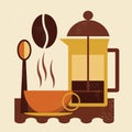 Flat illustration in vintage retro style. french-press with coffee, steaming cups of coffee, coffee beans.