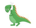 Cute, sad dinosaur holding his sore cheek. I have a toothache. Vector flat illustration on white background